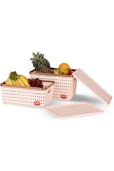 Nayasa Gloria Basket Set - 2 Pieces (Medium + Large) with Lids, Peach