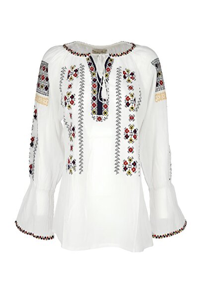 Inovius Bluza Tip Ie Traditionala Alba cu Motiv Floral Multicolor de Dama - I...