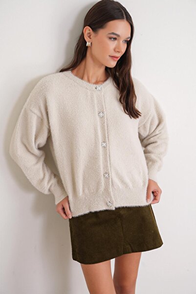 Mixray 6902 Women's Bearded Basic Soft Textured Knitwear Cardigan Natural