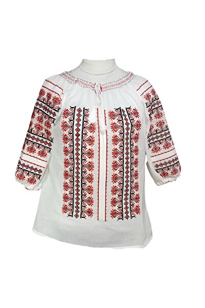 Inovius Bluza Tip Ie Traditionala Alba cu Motiv Geometric Rosu de Dama - IMS7...