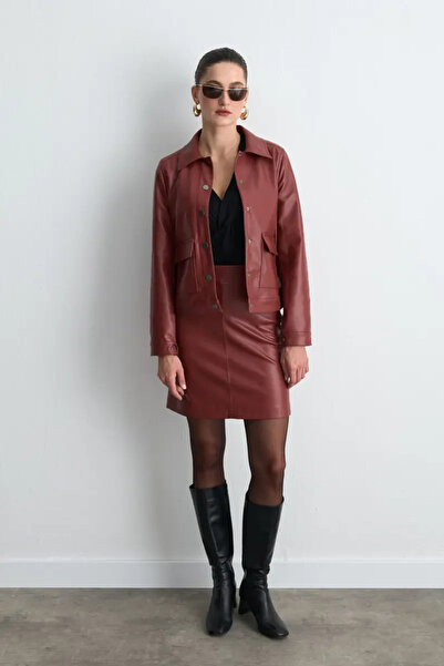 Gusto Suni Deri Mini Etek - Bordo