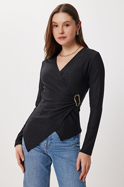 Lovelyİstanbul Double-Breasted Collar Gold Accessory Knitted Blouse Lfw0015 Black