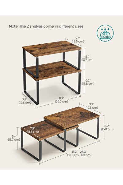 SONGMICS 2-Pack Stackable Expandable Countertop Spice Rack, Metal & Engineered Wood, Black/Rustic Br