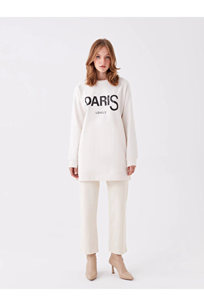 LC Waikiki Lcwaikiki Basic Ecru Crew Neck Printed Long Sleeve Oversized Women's Sweatshirt Tunic