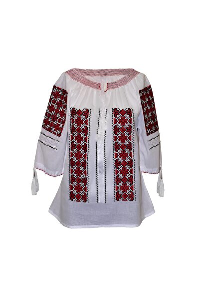 Inovius Bluza Tip Ie Traditionala Alba cu Motiv Geometric Rosu de Dama - IMS1...