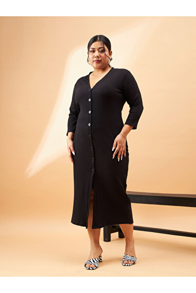 Sassafras By Styli Plus Size Black Rib Front Button V-Neck Midi Dress