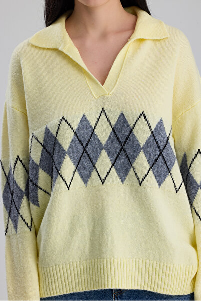 Figo Baklava Patterned Shirt Collar Women's Sweater