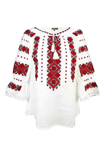 Inovius Bluza Tip Ie Traditionala Alba cu Motiv Geometric Rosu de Dama - IMS3...
