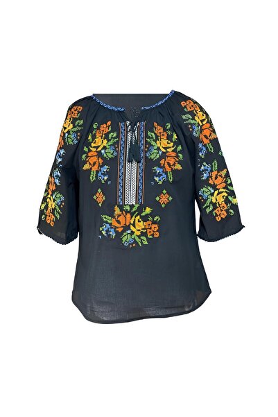 Inovius Bluza Tip Ie Traditionala Neagra cu Motiv Floral Multicolor de Dama -...