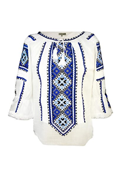 Inovius Bluza Tip Ie Traditionala Alba cu Motiv Geometric Albastru de Dama - ...