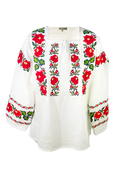 Inovius Bluza Tip Ie Alba cu Motiv Floral Rosu - BMG29 M