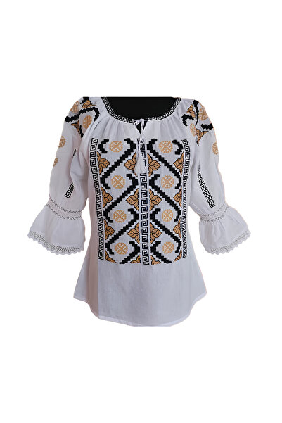 Inovius Bluza Tip Ie Traditionala Alba cu Motiv Geometric Multicolor de Dama ...