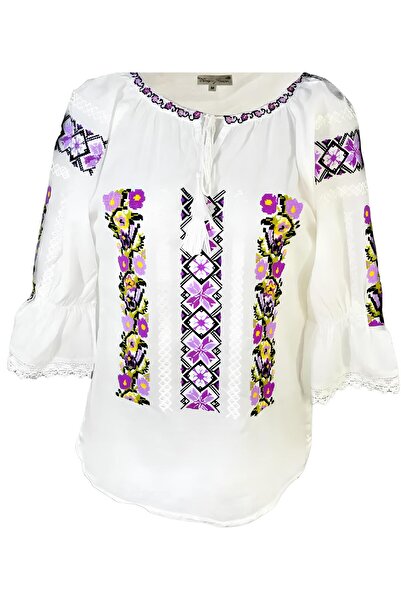 Inovius Ie Traditionala Alba cu Motiv Floral Mov de Dama - IMS06 XXL