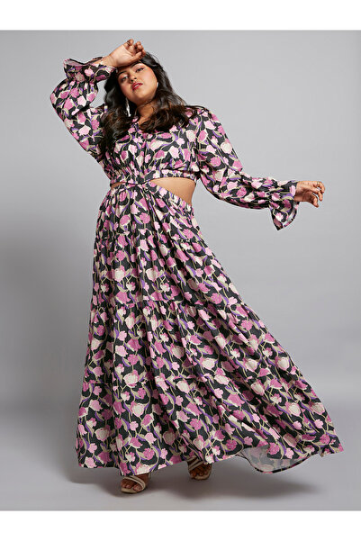 Globus By Styli Plus Size Floral Print Waist Cut-Out Maxi Dress