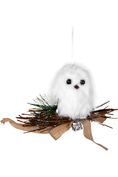 Herdekora زينة عيد الميلاد، بومة، أبيض-بني - معلقة، مزينة بالريش، في فرع طبيعي، مع فيونكة من الجوت، زينة من الصنوبر أيضًا