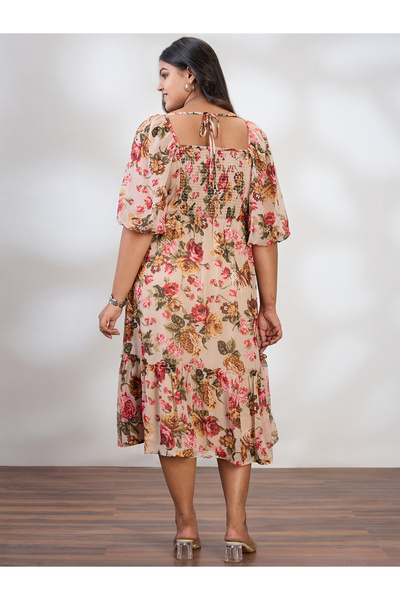 Globus By Styli Plus Size Beige Floral Print Midi Dress