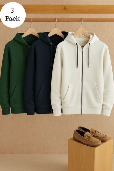 DAMGA JEANS Men's Casual Zippered Hooded 3-Piece Sweatshirt