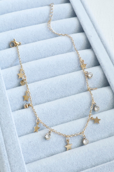 DEMOKAN Women's Steel Anklet Star Round Zircon Stone Non-Tarnish Anklet