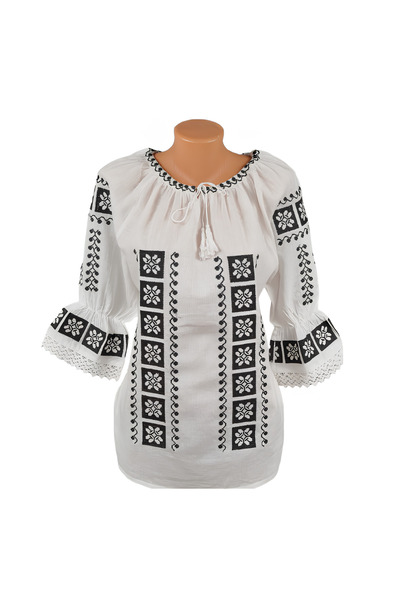 Inovius Bluza Tip Ie Traditionala Alba cu Motiv Geometric Negru de Dama - IMS...