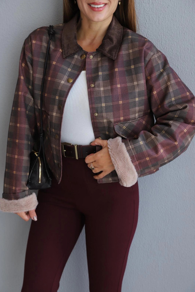 Purple by Banu Bordo Kadife Yaka Detay Kareli Ceket