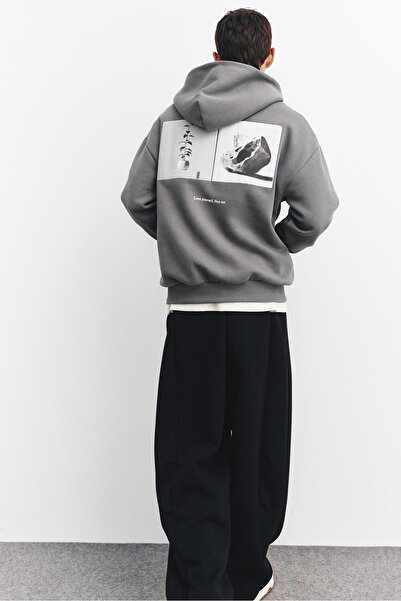 Pull & Bear Gri metinli kapüşonlu sweatshirt