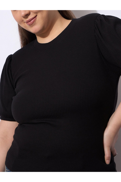 Sassafras By Styli Plus Size Black Ribbed Top with Puff Sleeves