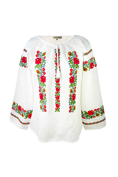 Inovius Bluza Tip Ie Alba cu Motiv Floral Rosu - BMG49 S