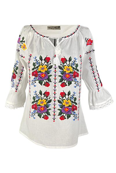 Inovius Ie Traditionala Alba cu Motiv Floral Multicolor de Dama - IMS03 XXL