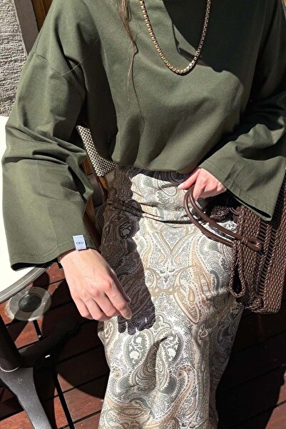 Ceylan Otantik Mink Ethnic Pattern Cotton Satin Flared Skirt