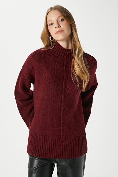 Ritnice Women's Wonder Soft Mock Neck Claret Red Slit Oversized Knitwear Sweater