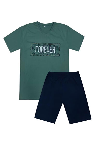 FREENİGHT Men's cotton pajamas, short-sleeved blouse and shorts, "Forever" print, green