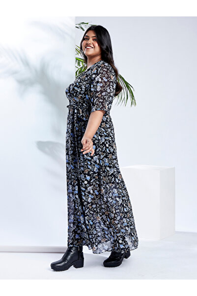 Globus By Styli Plus Size Navy Blue Floral Print Maxi Dress