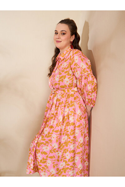 Sassafras By Styli Plus Size Pink Floral Shirt Midi Dress