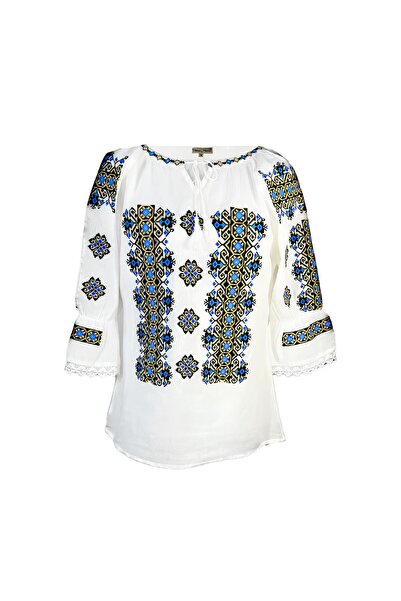 Inovius Bluza Tip Ie Traditionala Alba cu Motiv Geometric Albastru de Dama - ...