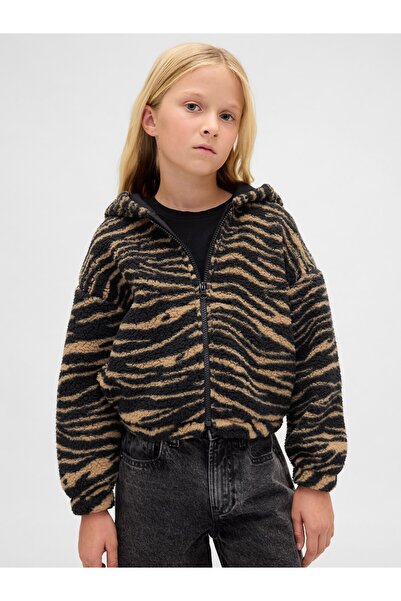 GAP Kız Çocuk Kahverengi Sherpa Relaxed Fermuarlı Sweatshirt
