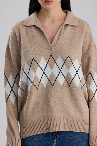 Figo Baklava Patterned Shirt Collar Women's Sweater