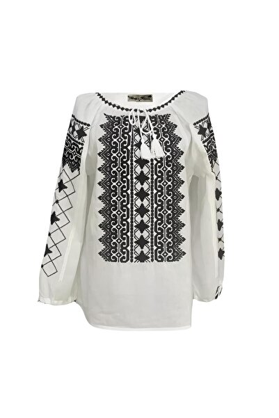 Inovius Bluza Tip Ie Traditionala Alba cu Motiv Geometric Negru de Dama - IMS...