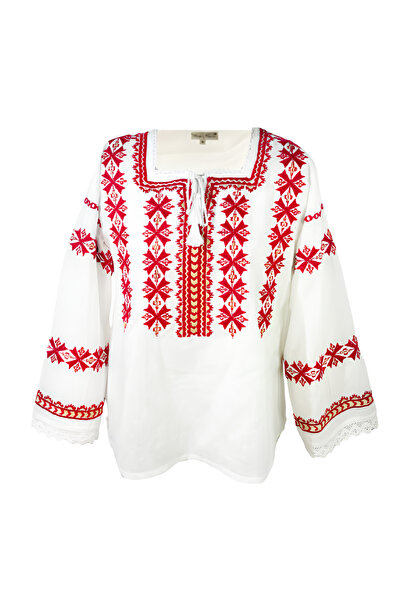 Inovius Bluza Alba cu Motiv Geometric Rosu - BMG108 XXL