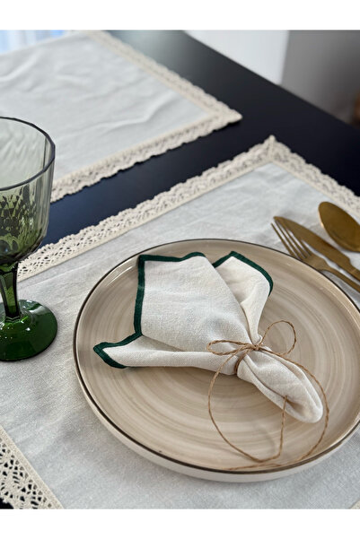 KaiAtelier Set de 4 șervețele din in natural brodate cu detalii verzi 35cm