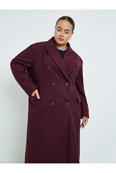 Styli Plus Size Burgundy Double Breasted Longline Coat