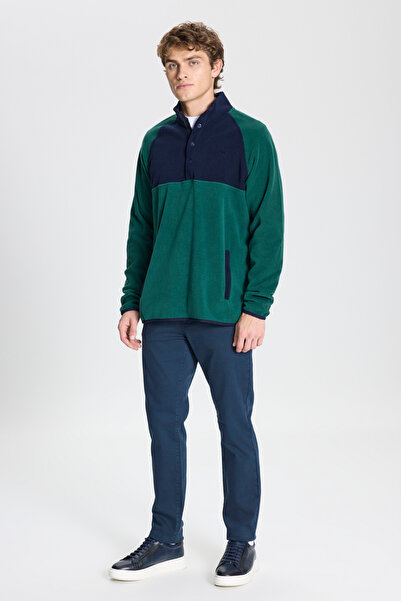 AC&Co / Altınyıldız Classics Green-Dark Blue Standard Fit Regular Cut Stand Collar Patterned Fleece Sweatshirt