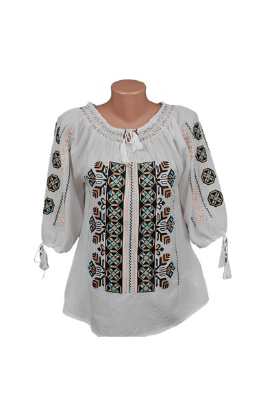 Inovius Bluza Tip Ie Traditionala Alba cu Motiv Geometric Multicolor de Dama ...