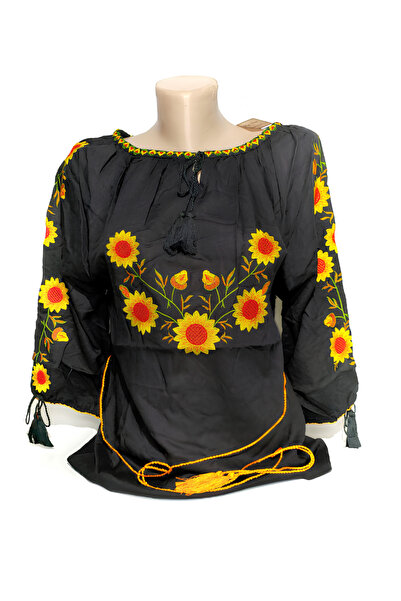 Inovius Bluza Neagra cu Motiv Floral Galben - BMG188 XL