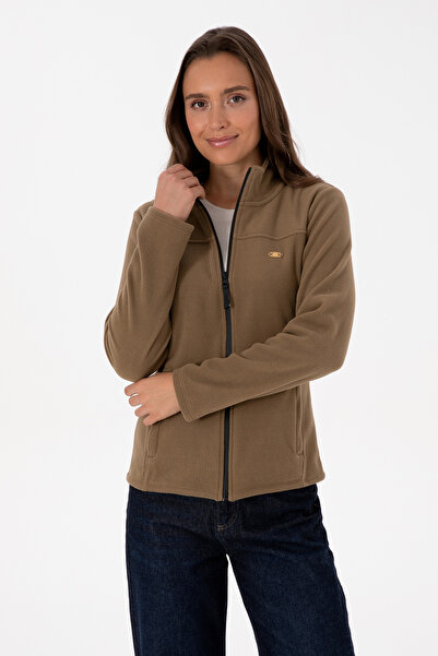 U.S. Polo Assn. Women's Khaki Zippered Mock Neck Fleece Sweatshirt 50316729-Vr027