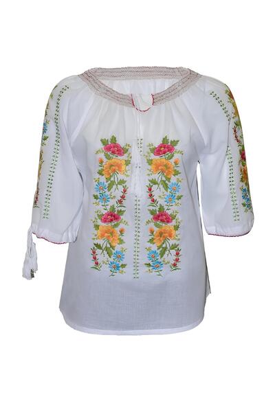Inovius Bluza Tip Ie Traditionala Alba cu Motiv Floral Multicolor de Dama - I...