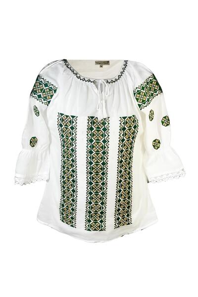 Inovius Bluza Tip Ie Traditionala Alba cu Motiv Geometric Verde de Dama - IMS...