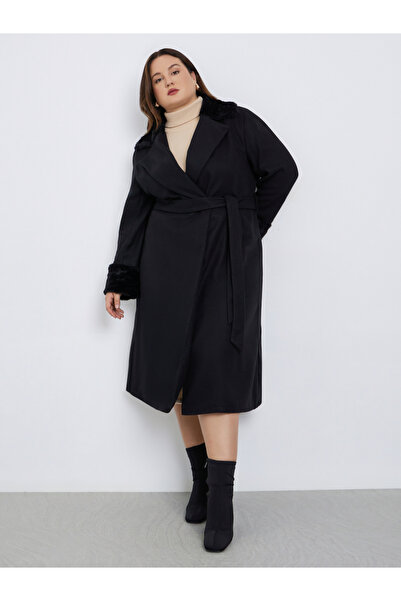Styli Plus Size Black Wool Like Belted Coat with Fur Trim