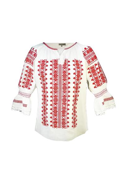 Inovius Bluza Tip Ie Traditionala Alba cu Motiv Floral Rosu de Dama - IMS122 S