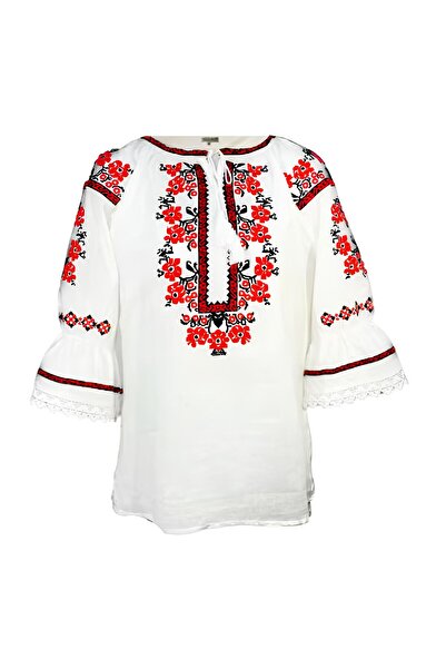Inovius Bluza Tip Ie Traditionala Alba cu Motiv Floral Rosu de Dama - IMS60 XXL