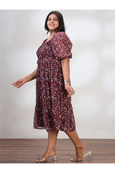 Globus By Styli Plus Size Maroon Printed Tiered Midi Dress